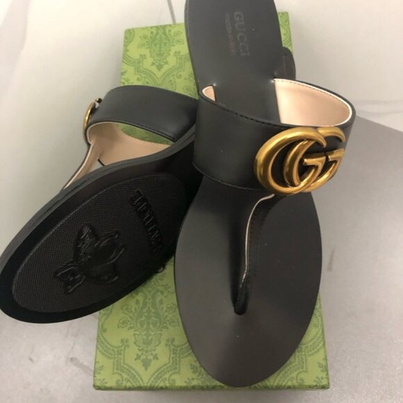 Gucci Marmont Thong Sandals Black Leather Flat - Picture 1 of 4